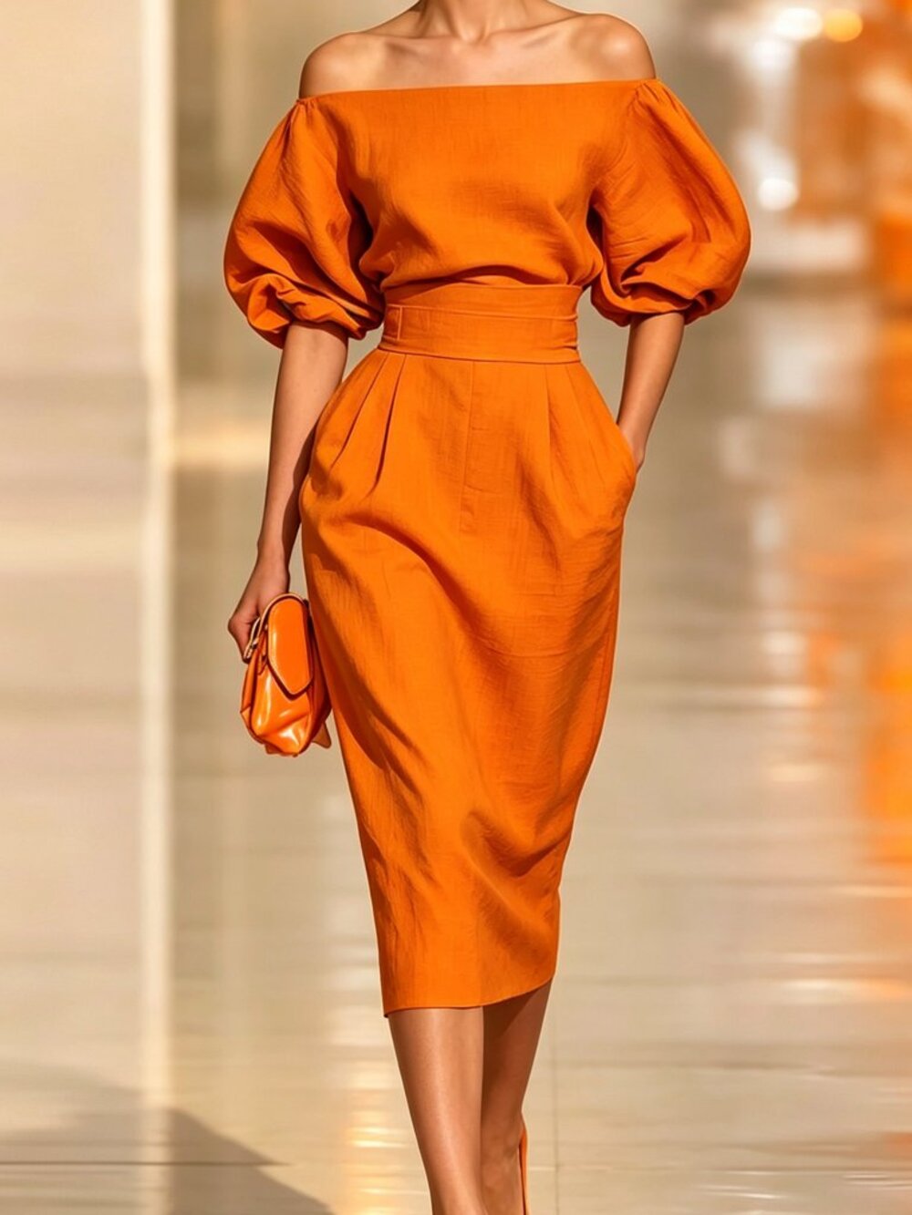 Stylewe Midi Dress Small Orange Sheath Puff Sleeve Linen Cotton Workwear Career